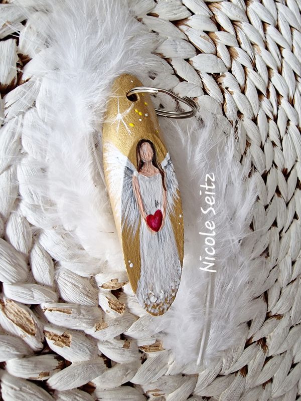 Schlüssel-/Taschenanhänger * Engel * handbemalt * Holz * Gold-Weiß * Herz